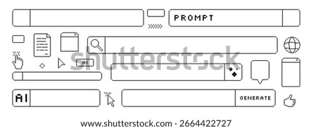 Generate AI technology bar pixel art set. 8bit web browser stroke prompt elements collection. Retro internet shapes. Click cursor and buttons windows. Vector illustration isolated on white background.