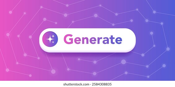 Generate button with sparkle icon. Minimalistic button with a rounded design on gradient background which covered with glowing dots connected to each other. Design element for web or AI assistant