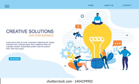 Generate Creative Solution Business Landing Page. Office Team Community Brainstorming Idea, Working on Innovative Solution. Men and Women with Gadgets, Light Bulb Lamp. Vector Flat Illustration