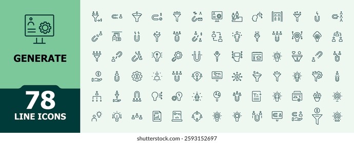 Generate icons set in linear style. Contains linear outline icons like generative, brain, data, computer, chatbot, engineering and more. Thin outline icons pack. Modern vector illustration.