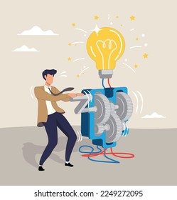 Generate idea or creativity and innovation to invent new business ideas concept. Smart businessman manager use all his power and skill to rotate group of cogwheels gear. Lightbulb lamp with mechanical