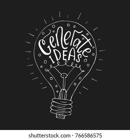 Generate ideas. Handdrawn brush lettering.  Business vector llustration with lightbulb for modern designs.