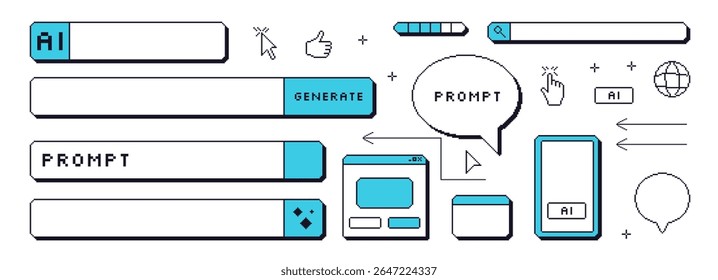 Generate image AI bar pixel art set. 8bit web browser stroke prompt elements collection. Retro internet shapes. Click cursor and buttons windows. Vector illustration isolated on white background.