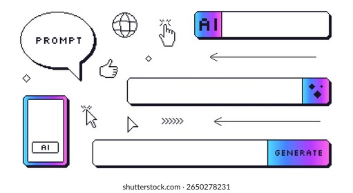 Generate image AI bar pixel art set. 8bit web browser stroke prompt elements collection. Retro internet shapes. Click cursor and buttons windows. Vector illustration isolated on white background.