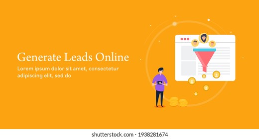 Generate Leads, Lead Generation From Digital Content, Website Traffic Conversion - Conceptual Vector Banner Illustration With Icons