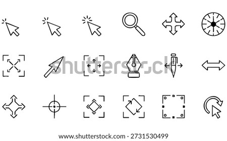 Generate a minimalist, flat design illustration featuring a 4x4 grid of clean, black line art icons on a stark white background. The icons should represent various common digital interface elements such as cursors with overlays (zoom in, add), a magnifying glass, directional arrows, a radial dial, a frame selection tool, an expand contract arrow,