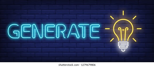 Generate neon text with glowing light bulb. Idea concept design. Night bright neon sign, colorful billboard, light banner. Vector illustration in neon style.