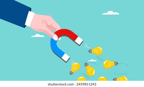 generate new idea, Idea Generation Strategies For Driving Innovation and Growth, imagination or invention, businessman hand holding magnet to magnetize light bulb idea