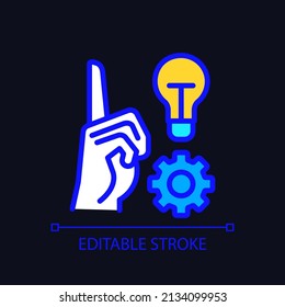 Generate new idea pixel perfect RGB color icon for dark theme. Innovative strategy for development. Simple filled line drawing on night mode background. Editable stroke. Arial font used