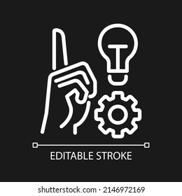 Generate new idea pixel perfect white linear icon for dark theme. Inspiration for project. Innovative thinking. Thin line illustration. Isolated symbol for night mode. Editable stroke. Arial font used