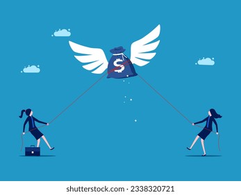 Generate profit. Businesswomen cooperate to catch money bags
