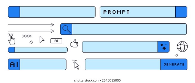 Generate prompt bar pixel art set. 8bit ai chat bot elements collection. Retro internet shapes. Click cursor and buttons windows. Vector illustration isolated on white background.