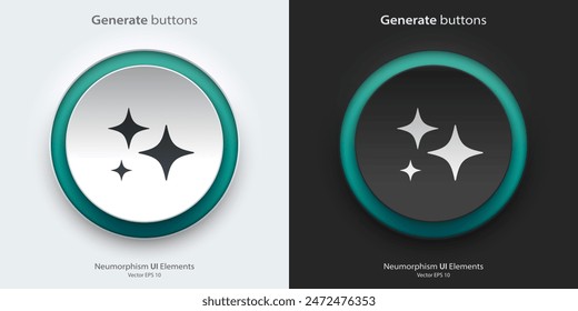 Generate sign. A set of black and white round buttons with generate symbols. AI-generated concept. 3D Neumorphism design style for Apps, Websites, Interfaces, and mobile apps. UI UX.