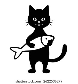 Generate a silhouette of a funny cartoon cat standing on two legs holding a fish.