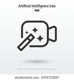 Generate video AI icon. Video camera with generate symbol. Creating and edit videos with Machine learning. Artificial intelligence icon element for app and web. Vector illustration.