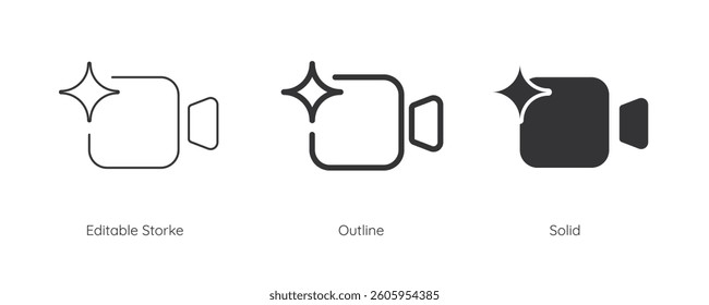 Generate video AI icon set. Video camera with generate symbol. Line and silhouette icon. Icons for app user interface and web elements. Vector illustration. Editable stroke.