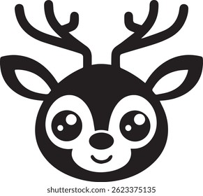 generated with ai tools, cute deer cartoon head silhouette vector icon black and white