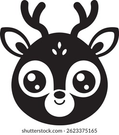 generated with ai tools, cute deer cartoon head silhouette vector icon black and white