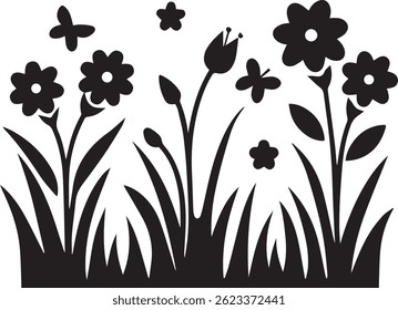 gerado com ferramentas ai, prado primavera flor jardim silhueta vetor ícone preto e branco