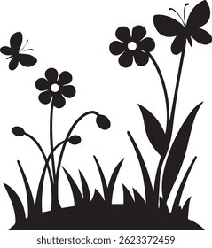 generated with ai tools, meadow spring flower garden silhouette vector icon black and white