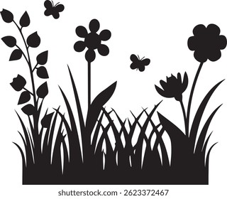 generated with ai tools, meadow spring flower garden silhouette vector icon black and white