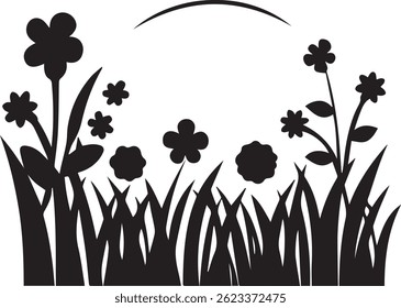generated with ai tools, meadow spring flower garden silhouette vector icon black and white