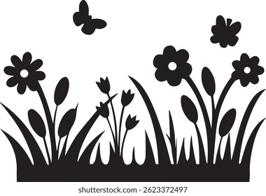 generated with ai tools, meadow spring flower garden silhouette vector icon black and white