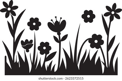 generated with ai tools, meadow spring flower garden silhouette vector icon black and white