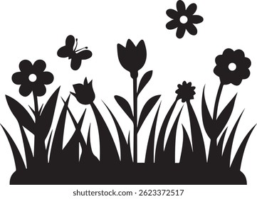 generated with ai tools, meadow spring flower garden silhouette vector icon black and white