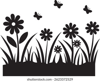 generated with ai tools, meadow spring flower garden silhouette vector icon black and white