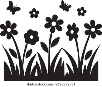 generated with ai tools, meadow spring flower garden silhouette vector icon black and white