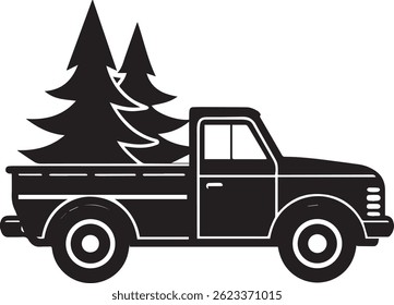 Generated with AI tools, pickup with christmas tree silhouette vector icon black and white