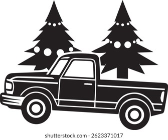 Generated with AI tools, pickup with christmas tree silhouette vector icon black and white