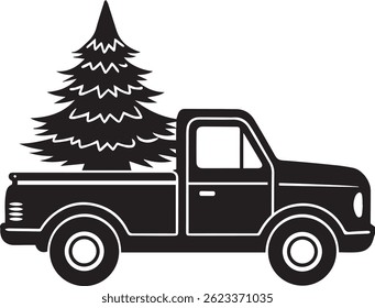 Generado con herramientas de IA, pickup con icono de Vector de silueta de árbol de navidad en blanco y negro