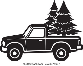 Generiert mit KI-Tools, Pickup mit Weihnachtsbaum Silhouette Vektorsymbol schwarz-weiß