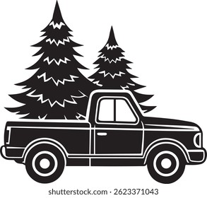 Generated with AI tools, pickup with christmas tree silhouette vector icon black and white