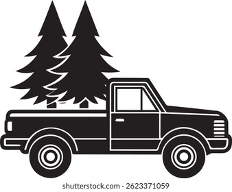 Generated with AI tools, pickup with christmas tree silhouette vector icon black and white