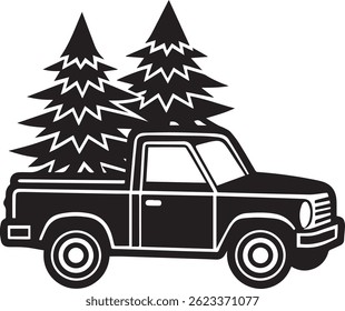 Generado con herramientas de IA, pickup con icono de Vector de silueta de árbol de navidad en blanco y negro