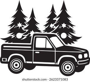 Generated with AI tools, pickup with christmas tree silhouette vector icon black and white