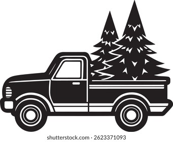 Generated with AI tools, pickup with christmas tree silhouette vector icon black and white