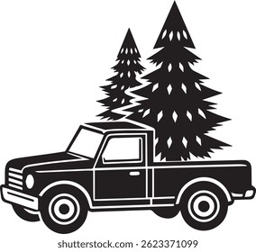 Generated with AI tools, pickup with christmas tree silhouette vector icon black and white