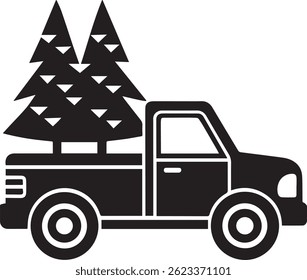 Generated with AI tools, pickup with christmas tree silhouette vector icon black and white