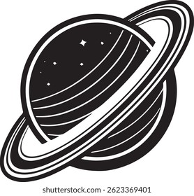 Generated with AI tools, planet saturn with planetary ring silhouette vector black and white