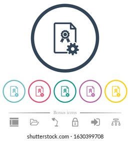 Generating certificate flat color icons in round outlines. 6 bonus icons included.