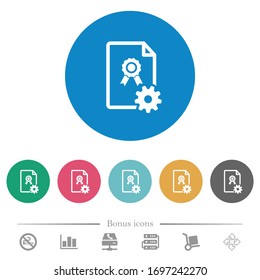 Generando iconos blancos planos de certificado en fondos de color redondo. 6 iconos de bonificación incluidos.