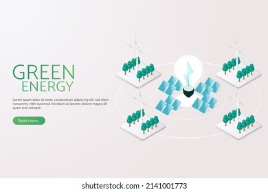 Generación de electricidad con paneles solares Energía solar y turbinas eólicas, energía limpia y energía alternativa ambientalmente sostenible.  ilustración vectorial isométrica.