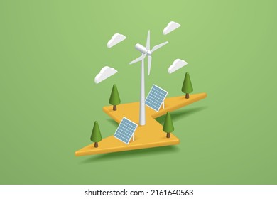 Generación de electricidad con paneles solares Energía solar y turbinas eólicas, energía limpia y energía alternativa ambientalmente sostenible. ilustración vectorial isométrica.