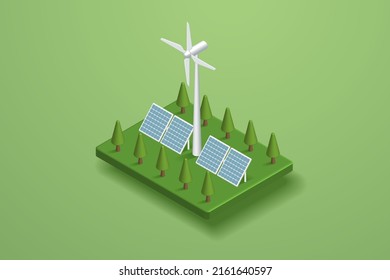 Generating electricity with solar panels Solar energy and wind turbines, clean energy and environmentally sustainable alternative energy. isometric vector illustration
