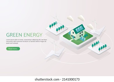 Generación de electricidad con paneles solares techo de la casa de energía solar y molino de viento Energía limpia y energía alternativa ambientalmente sostenible.  ilustración vectorial isométrica.