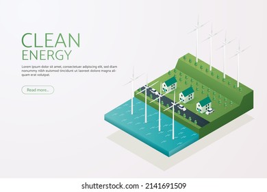 Generación de electricidad con molinos de viento Energía limpia y energía alternativa ambientalmente sostenible.  ilustración vectorial isométrica.